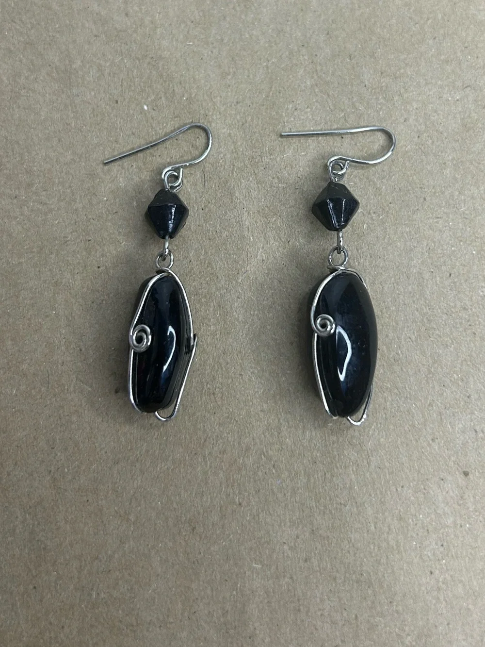 Hand Wire-wrapped Black Beaded Dangle Earrings